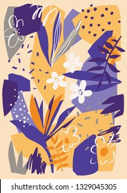 Vector floral artwork. Cutout flowers, petals, leaves with geometrical shape and abstract doodle elements. Flat botanical background for card, banner, poster.