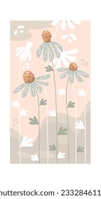 Vector floral background with abstract chamomile. Blooming tender flower on a beige background. Summer botanical card.
