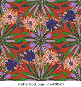 Vector. Floral background for abstract design. Vector graphic painting of falling flowers, doodles, grunge textures. Abstract fall seamless pattern in bright autumn colors (green, orange and brown).