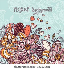 vector floral background with abstract flowers and hearts