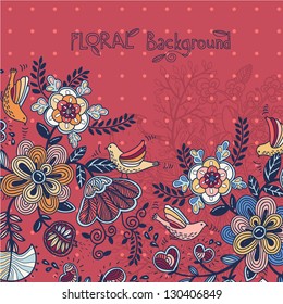 vector floral background with abstract flowers and birds
