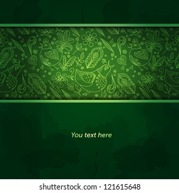 Vector floral background. Abstract green background or green background design layout of elegant old vintage grunge background. Textured wall with ornamental green and gold ribbon wrap on top frame
