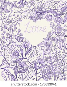 vector floral background with animals, birds and blooming flowers
