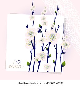 Vector floral background with apricot flowers, sheet of paper and lace, card or invitation template