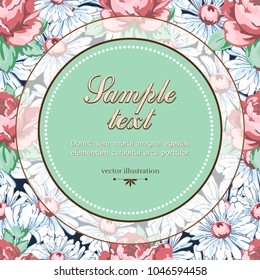 Vector floral background, floral banner, cover, card. Round label for text against the background of drawn buds pink rose flower and white chamomile and leaves hand drawing on a dark blue backdrop