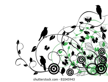 vector floral background with birds and butterflies