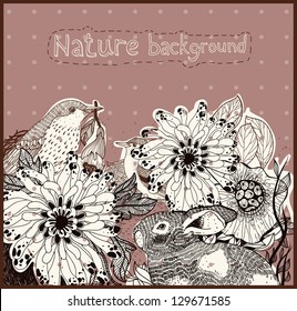 vector floral background with blooming flowers and wild animals