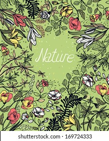 vector floral background with blooming flowers and plants