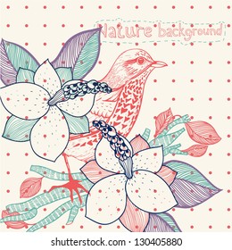 vector floral background with blooming magnolia and a red bird