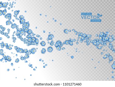 Vector floral background. Blue flying flowers and petals