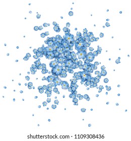Vector floral background. Blue flying flowers and petals