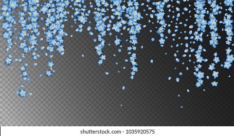 Vector floral background. Blue hanging flowers and falling petals