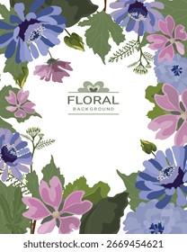 Vector floral background with blue and pink flowers. Garden flowers, green leaves on a white background.
