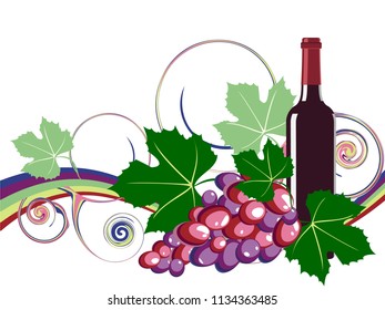 Vector floral background with branch of grapes. Background with wavy lines and curls. Design for postcards, banners, posters.