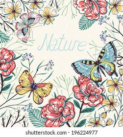 vector floral background with butterflies and blooming roses
