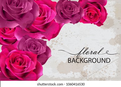 Vector floral background card with Fuchsia roses. 3d realistic floral designs