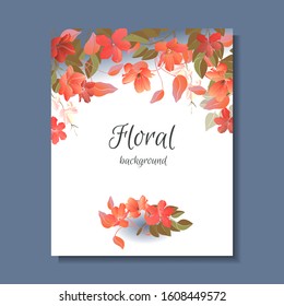 Vector floral background. Card with garden flowers. Red flowers, green leaves isolated on white background. 