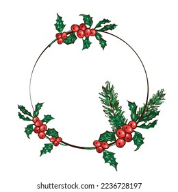 Vector. Floral background with copy space for text. Merry Christmas and Happy New Year greeting card. Festive winter frame with holly, christmas flower, circle shaped christmas wreath, fir branches.