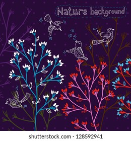 vector floral background with decorative herbs and birds