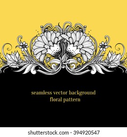 Vector floral background design. Stylized flowers. Botanical illustration with dahlia flower, chrysanthemum, mums flower, lotus flower, aster, marigold, buds and leaves. Floral background, poster