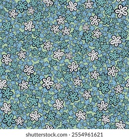 Vector floral background with ditsy flowers. Colorful abstract seamless pattern. Gentle botanical wallpaper. Groovy vintage print for fabric, paper, kids clothes and accessories