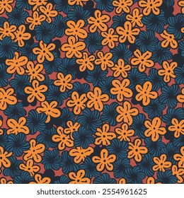 Vector floral background with ditsy flowers. Colorful abstract seamless pattern. Gentle botanical wallpaper. Groovy vintage print for fabric, paper, kids clothes and accessories