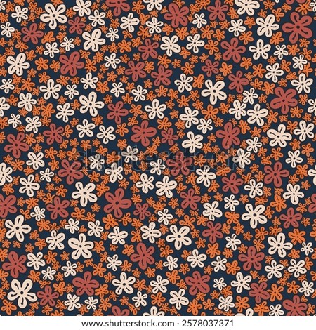 Vector floral background with ditsy flowers. Colorful abstract seamless pattern. Gentle botanical wallpaper. Groovy vintage print for fabric, paper, kids clothes and accessories