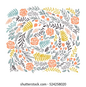 Vector floral background  in doodle style -  flowers and leaves. Summer flowers for greeting cards, wedding designs or invitations.