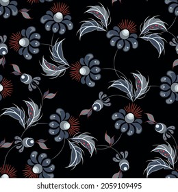 Vector floral background in ethnic style. Elegant hand drawn texture with creative flowers, buds, leaves. Modern ornament in red, blue and black. Stylish abstract background. Repeating design