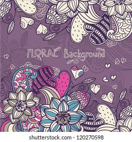 vector floral background with fantasy flowers and hearts