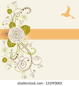 Vector floral background with flower, leaves, bird, branches and ribbon. Invitation and greeting card with roses. Romantic decorative abstract color illustration with text box for wedding and holiday