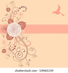 Vector floral background with flower, leaves, bird, branches and pink ribbon. Invitation, greeting card in warm tints. Romantic abstract decorative cute illustration with text box for wedding, holiday