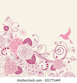 Vector  floral  background with flowers, leaves, bird and branches of blooming tree.  Stylized garden in tints of pink. Light abstract illustration with text box