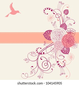 Vector floral background with flowers, leaves, bird, branches of blooming tree and ribbon. Invitation card with bouquet in tints of pink. Romantic abstract illustration with text box