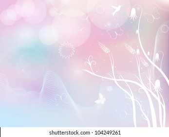 Vector floral background with flowers, leaves, bird and branches of blooming tree. Stylized garden in tints of pink. Light abstract illustration with text box