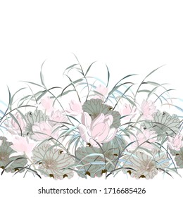 Fondo vegetal vectorial con flores.Se puede utilizar un patrón sin sellos para papel tapiz, rellenos de patrones, fondo de página web, texturas superficiales