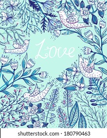 vector floral background with flying birds and fantasy flowers