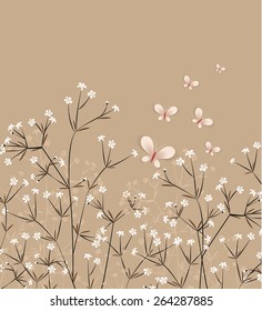 Vector floral background with flying colorful butterflies 