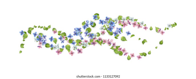 Vector floral background. Flying flowers and leaves