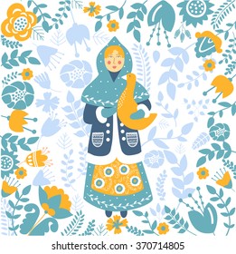 Vector floral background with folk russian woman.