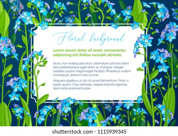 Vector floral background. Forget-me-nots. Tiny blue flowers and green leaves on dark background. There is copy space for your text on white paper. A5 landscape format paper size with bleed 2 mm.