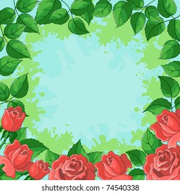 Vector floral background, frame from flowers red roses and green leaves