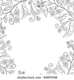 Vector floral background, frame of flowers and leafs, contours