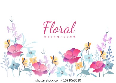 Vector floral background. Frame with garden flowers. Pink, blue, yellow pastel flowers isolated on white background. For cards, templates,  romantic, Valentines and Easter design, announcements.