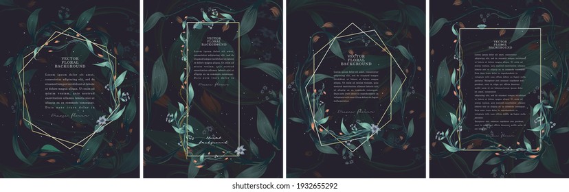 Vector floral background. Gold Linear Frame. Postcard with text, branches, foliage and flowers on dark background. Poster, invitation, postcard or cover.
