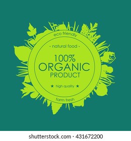 Vector floral background. Green round badge with green plants. Organic background.