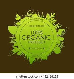 Vector floral background. Green round badge with green plants. Organic background.