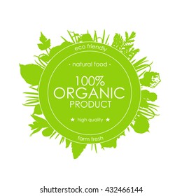 Vector floral background. Green round badge with green plants. Organic background.