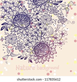 vector floral background with hand drawn flowers and birds