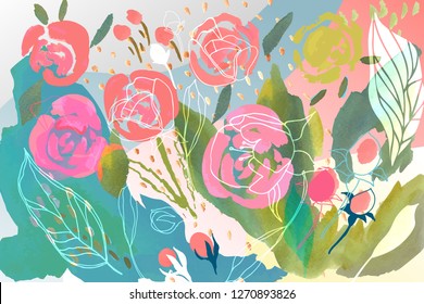 Vector floral background with hand drawn pastel colored flowers, leaves and branches . Lush foliage and blossom illustration. Spring or summer romantic design background.